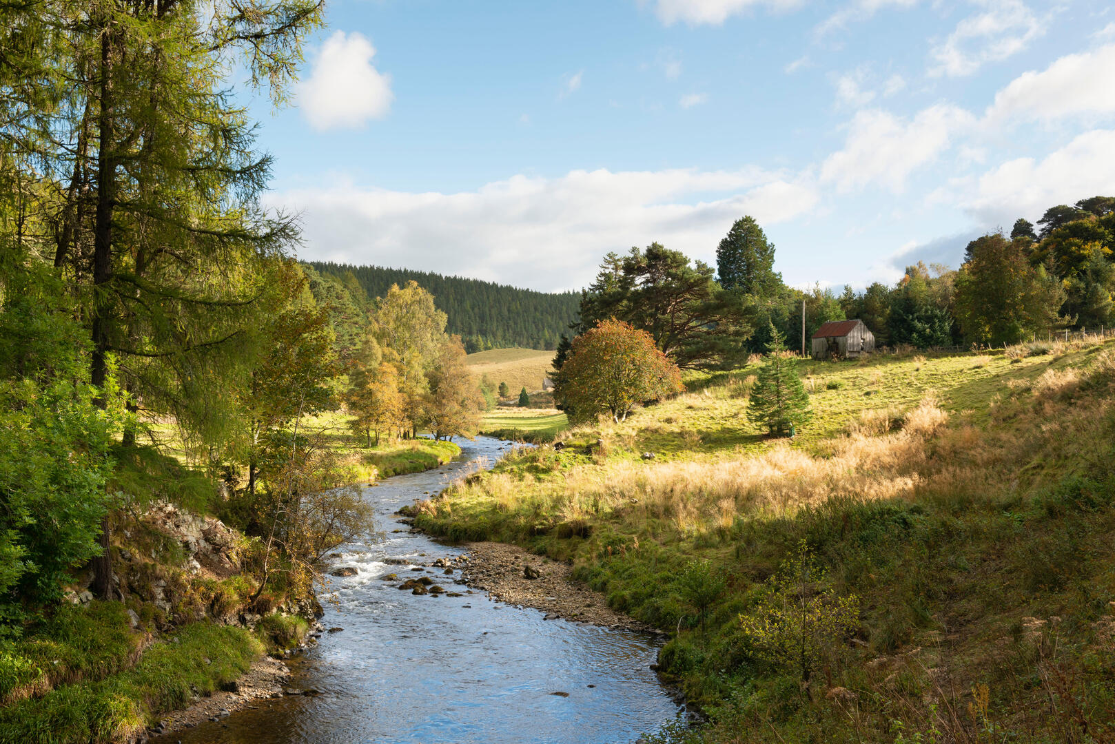 The River Don flowing through farmland in Strathdon, near Bellabeg.