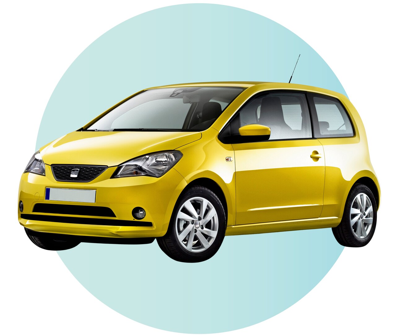 Yellow car on light blue circle.