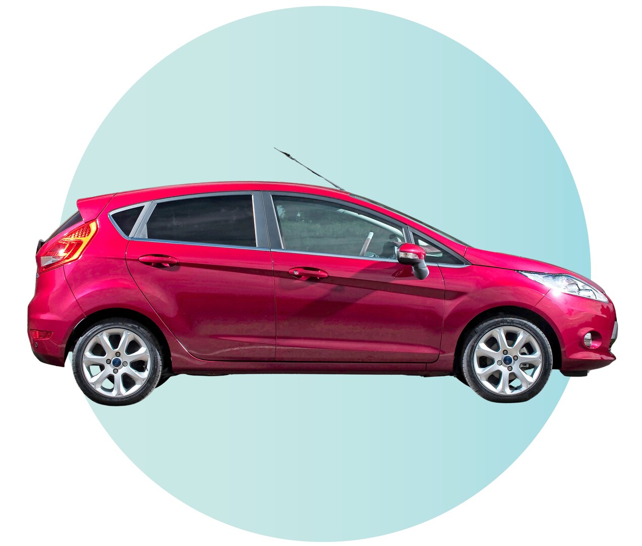 Red car on light blue background.